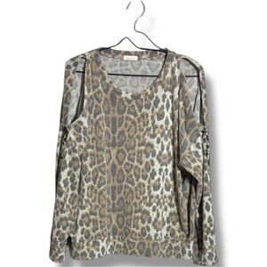 Maronie Large Soft Leopard Print Long Sleeve Shoulder Cutout Crewmeck Top